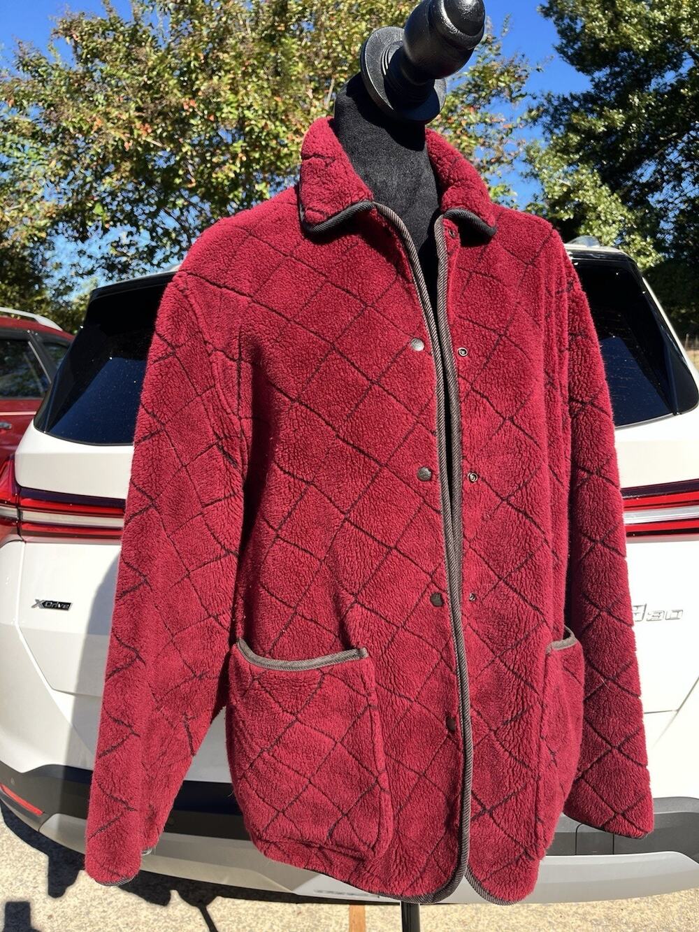 Woolrich Fleece Jacket Womens Medium Burgundy Quilted Snap Front Pockets USA 90s